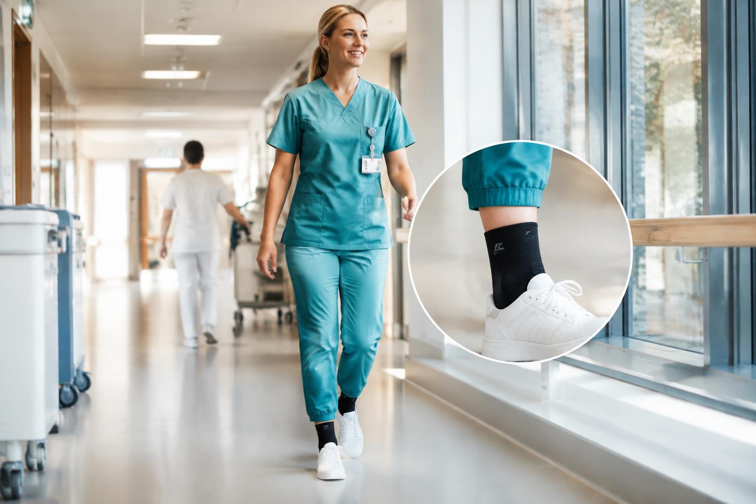 Nurse wearing the ShiftStep sleeve in work shoes on a hospital corridor