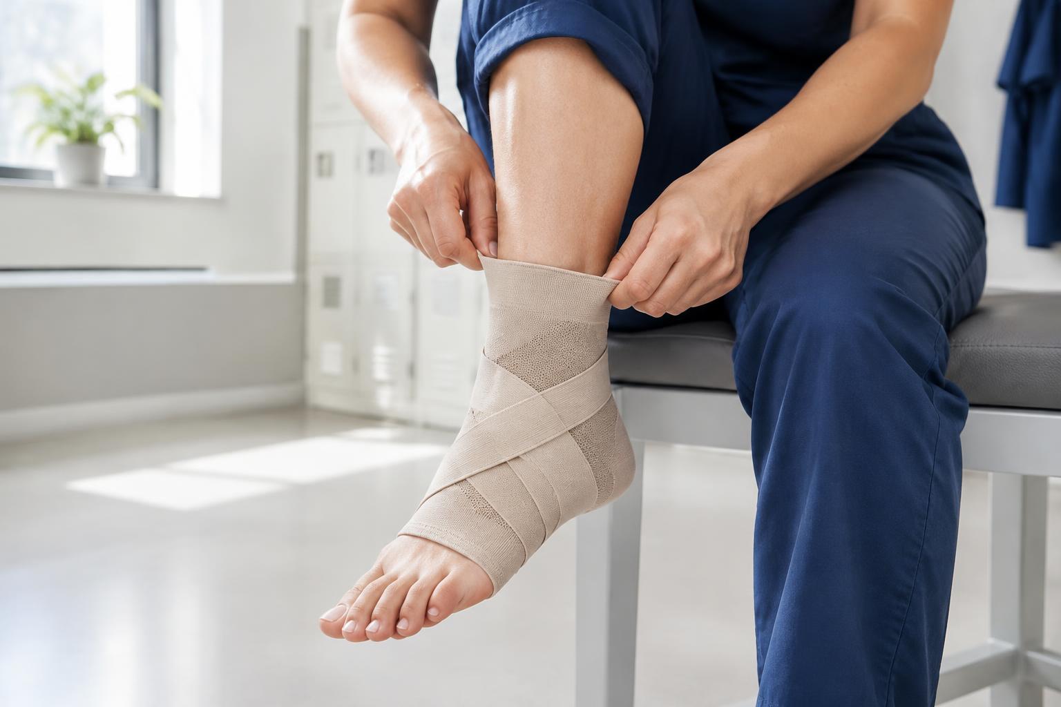 A nurse in navy scrubs pulling on the ShiftStep compression sleeve before a shift