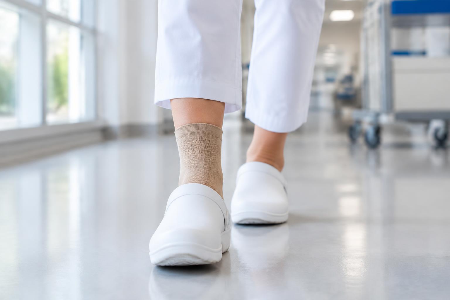 Close-up of a nurse's feet in white clogs walking a hospital corridor, wearing the ShiftStep sleeve